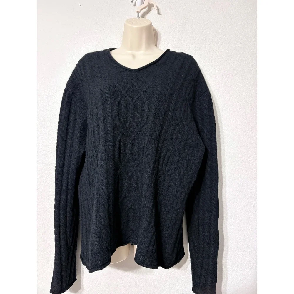 Vintage J.Crew Black 100% Lambswool Cable Knit VNeck Sweater Womens XL Hong Kong